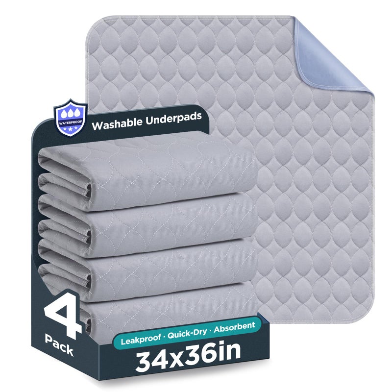 Washable Bed Pads 34 x 36 4 Pack Grey Waterproof Bed Pads for Incontinence Bed Wetting Pads for Bed Sofa Floor Resuable Underpads for Adults Seniors Pet